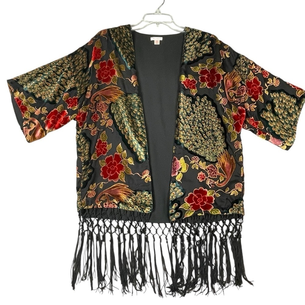 Xhilaration Boho Floral Peacock Burnout Velvet Open Front Tassels Kimono XS/S
